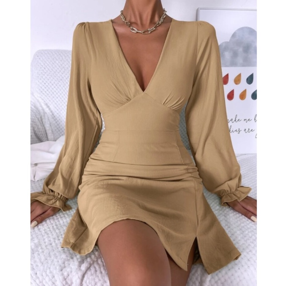 Boho flounce sleeve dress khaki